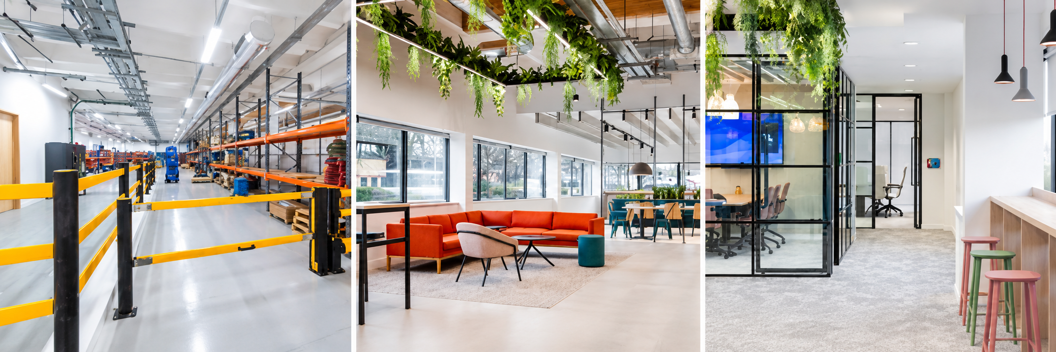 Modern Workplace Triptych_ Warehouse, Lounge and Offices